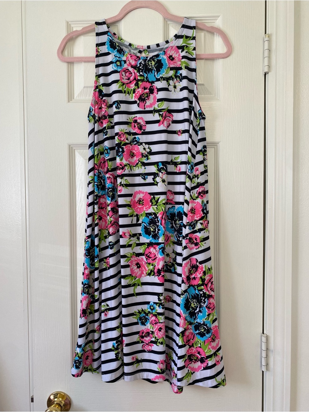Bobbie Brooks White & Black Striped Midi Dress with Pink & Blue Floral Pattern